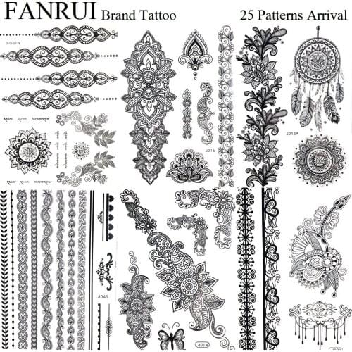 Black Lace Bracelet Henna Flower Temporary Tattoo Stickers Girl Body Arm Party Waterproof Tattoo Women Neck Sexy Fake Tatoo Hand