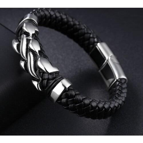 Hot selling Black Leather bracelet Stainless Steel Mens Flame design Bracelet wristband Fashion Jewelry