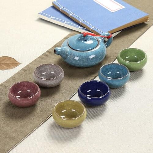 Chinese Travel Kung Fu 7pcs Tea Sets Ceramic Portable Porcelain Ice cracked glaze Tea Cups With Gift Box