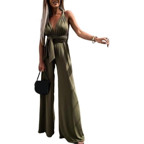 Elegant Women Jumpsuits Sleeveless Romper V Neck Backless High Waist Wide Leg Elegant Jumpsuit Banquet Party Female mono mujer