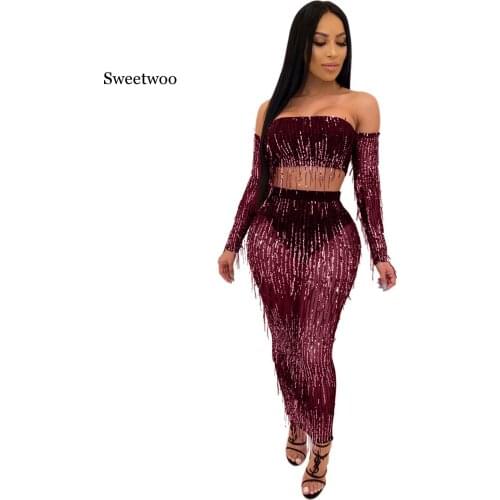 Sequin Fringed Crop Top And High Waist Maxi Skirt Set Glam Off The Shoulder Tassel Sequin Party Tracksuit 2 Pieces