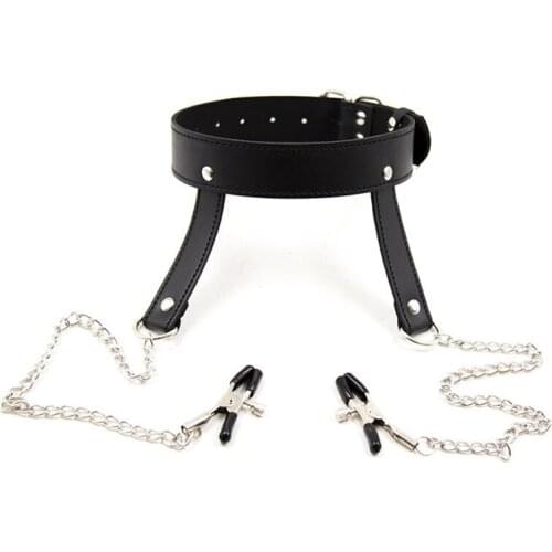 Leather neck collar with chain nipple clamps adult games slave fetish cosplay bondage restraints bdsm collar sex toys for woman