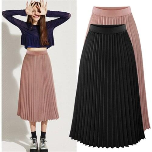 New All-match Autumn Women Pleated Chiffon Skirts Vintage Fashion Lady High Waist Skirt Female A-line Skirt Midi Long Skirt W888