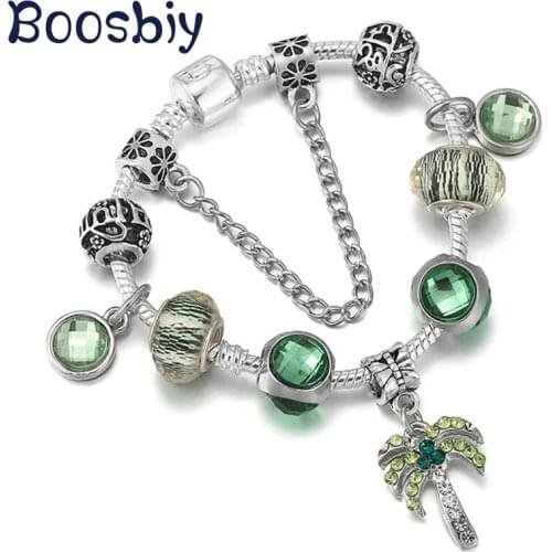 New Design Ocean Style Charm Bracelet With Coconut Tree Pendan DIY Green Glass Beads Bracelet For Women Summer Jewelry Gift