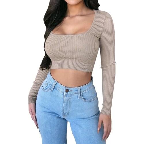 Sexy Skinny Women Short T-shirt Fashion Solid Square Collar Long Sleeve Female Crop Top Autumn Winter Rib knitted Khaki Tshirts