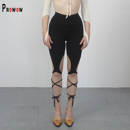 Prowow Fashion Bandage Women Pant Knee Length Pencil Pants for Woman Solid Color Elastic Waist Skinny Female Trousers Streetwear