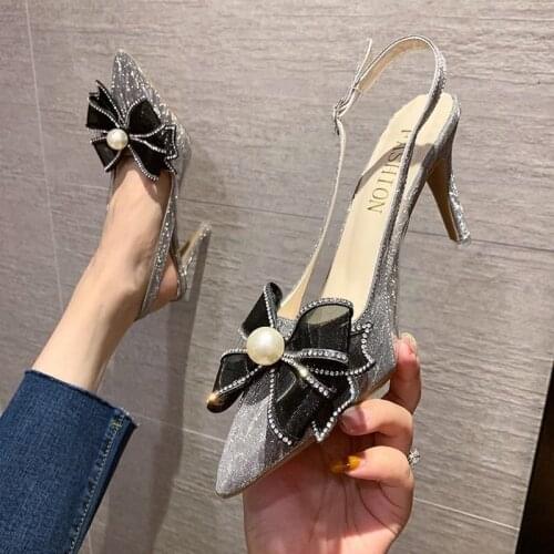 High Heel Sandal for Women 2021 Summer Bow Shoes Med Suit Female Beige High-heeled Comfort Medium Black Stiletto Clear Girls
