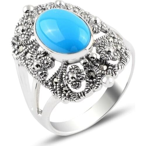 Silver 925 Sterling Turquoise & Marcasite Ring