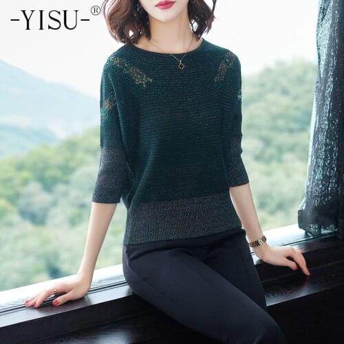 YISU sweaters women 2019 Spring Lady knitted pullover Fashion Half sleeve Loose Lace Hollow sweater loose pullover female