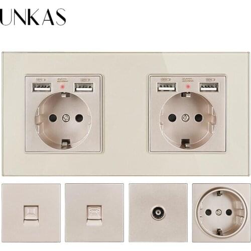 UNKAS EU French Socket With Dual USB Port + TV RJ11 Telephone RJ45 Internet Computer Jack 172mm * 86mm Gold Glass Panel Outlet