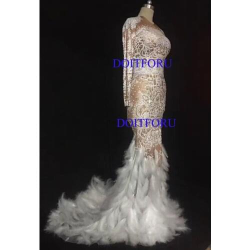 Party Sexy Sparkly AB Crystals Feather suit Women Summer Costume Stage Performance Wear Dance Rhinestones Ladies Long