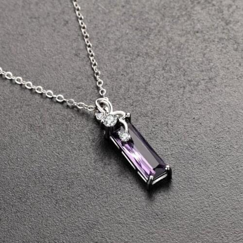 TJP Top Quality Silver 925 Women Clavicle Necklace Jewelry Vintage Cubic Zirconia Purple Rectangle Pendant Necklace Girls Bijou