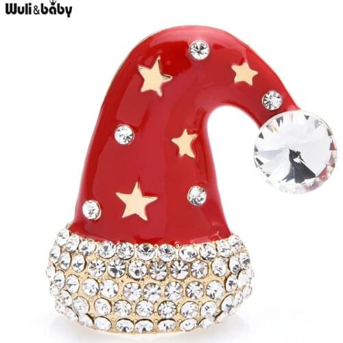 Wuli&baby Lovely Christmas Cap Brooches For Women Unisex Enamel Rhinestone Star Cap Brooch Pin Gifts