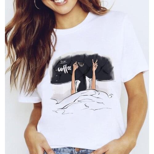 Women Graphic Style Coffee Fashion 90s Love Short Sleeve Trend Cartoon Lady Clothes Tops Tees Print Female Tshirt T-Shirt