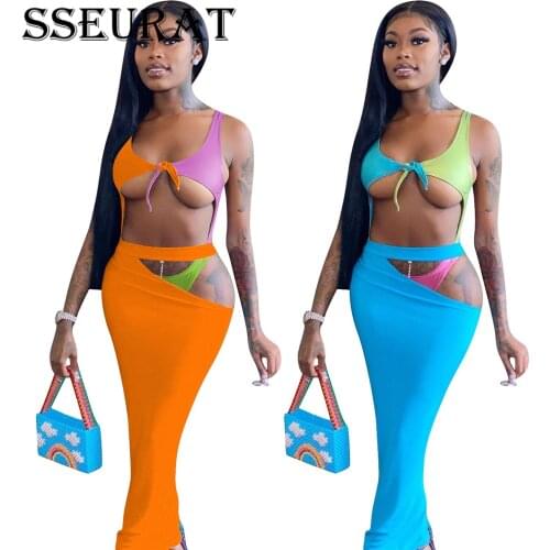 SSEURAT Women Bikinis Set Solid Patchwork Bandage Hollow Out Skirts Two Piece Sets Sexy Beachwear Summer