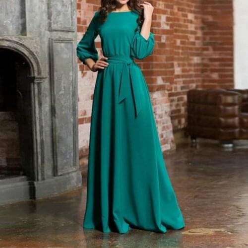 New Women Autumn Spring Elegant Party Dress Lantern Sleeve Sashes Solid O Neck Dress Ladies Fashion Long Party Maxi Dress S-2XL