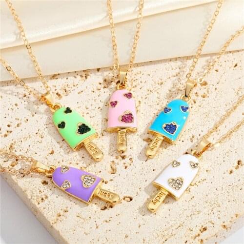1PC Colorful Enamel Zircon Heart Popsicle Pendant Necklace For Women Fashion Geometric Ice Cream Necklace Chain Choker Jewelry