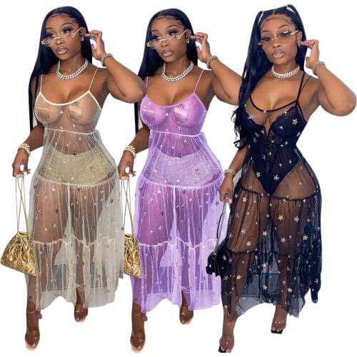 Chiclover Women Summer Clothing 2021 Wholesale Items Suspender Sequined Loose Dress Mesh Transparent Prom Dresses Dropshipping