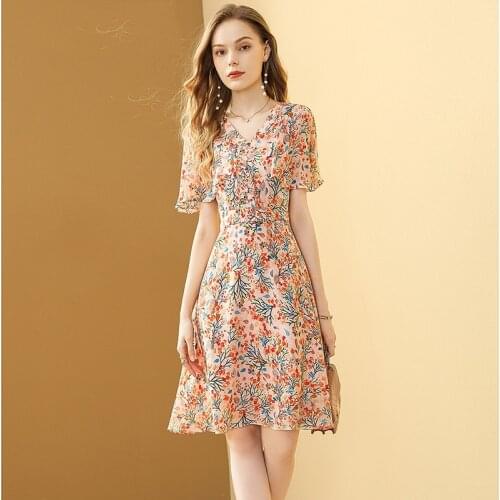 2021 New Summer Silk Dress Women Chiffon Printed Slim Elegant A-Line Party Dresses Ruffle Sleeve Holiday Party Sweet Dress