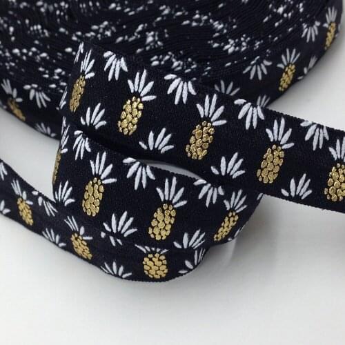 5 Yards 5/8 Black Gold Metallic printed Pineapple Fold Over Elastic Ribbon, Luau Party Gum for sewing