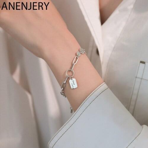 ANENJERY 925 Sterling Silver Letter Luck Square Brand Bracelet For Men Women Thick Chain Retro Niche Disc Bracelet Wholesale