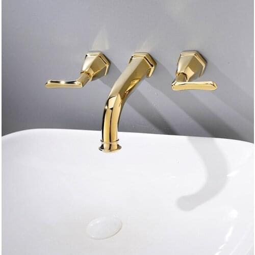Free shipping polished gold wall mounted solid brass double handles watefall sink faucet mixer tap widespread