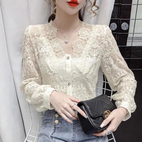 Blouse Women Shirt Autumn Hollow out V-neck Lace Womens Long-Sleeved Top Blusas Mujer De Moda