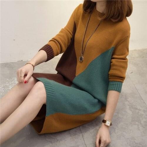 Long Sweater Dress Women Autumn Winter Warm Mid Dresses Ladies Casual Loose Knitted Pullover Thick Warm Splicing Clothes