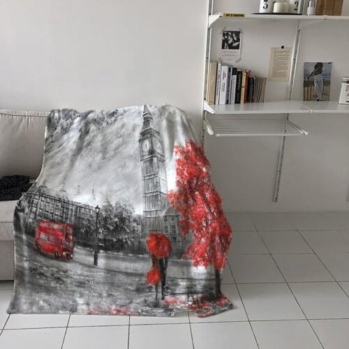 London Red Umbrella Bus Tree Oil Painting Printed Flannel Blanket Soft Throw Blanket Machine Washable Blankets for Beds