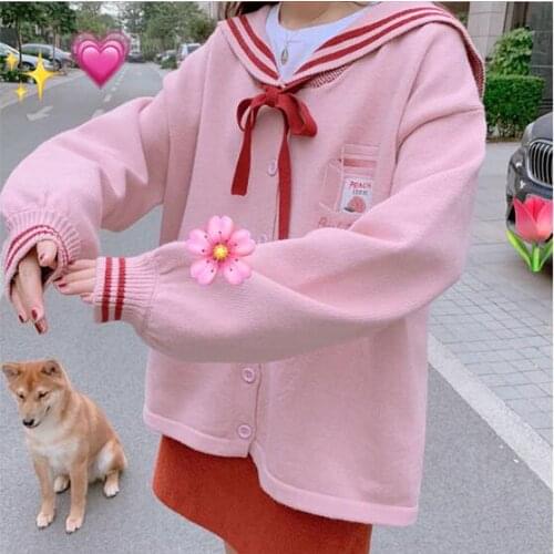 Japanese Girl Spring Autumn New Peach Milk Pink Knitted Cardigan Navy Style Column Red Bow Peach Embroidery Sweater Cardigan