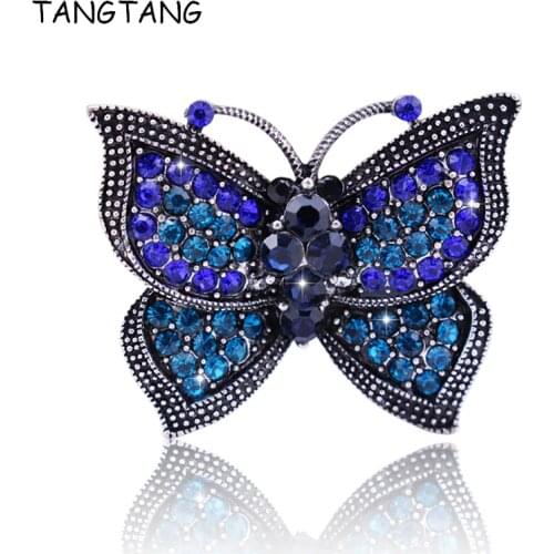 Classic Vintage Cute Blue Rhinestone Butterfly Brooches Metal Antique Color Insect Brosche Women Wedding Bridal Pin New, BH8350