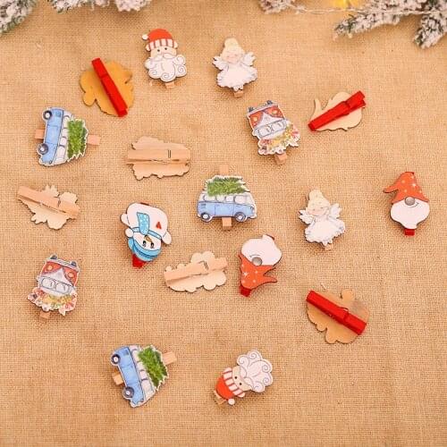 6pcs Creative Christmas Wooden Cartoon Clip Snowman Santa Angel Clip Photo Wall Clip Accessories Home Supplies