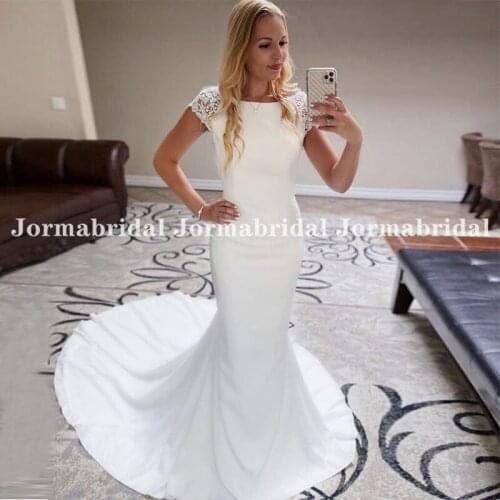 Charming Mermaid Wedding Dresses Women Short Sleeves Boho Bridal Gown Chapel Train Made To Measure robe Long Wedding Party Dress
