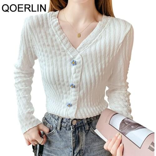 Autumn Sweater Open Stitch New Long Sleeve Stretch Top Female Korean Flower Buckle V Neck T-shirt Fashion Plus Size Cardigans