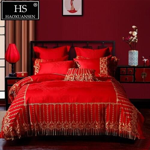 Red Lace Design 4/6/9Piece Bedding Set Princess 100% Cotton Double Duvet Cover Bedspread Bed Sheets Pillowcase Cushion Cover