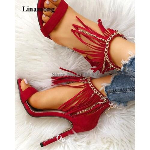 Linamong Open Toe Suede Leather Stiletto Heel Tassles Gladiator Sandals Gold Chains Fringes High Heel Sandals Club Dress Shoes