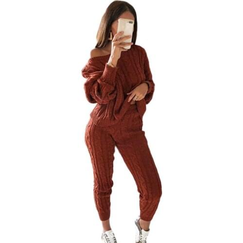 Plus size Women Autumn Winter Two Piece Set Knit Outfit Knitted Sweater Jumpers Pants Trousers Thick Women Sweater