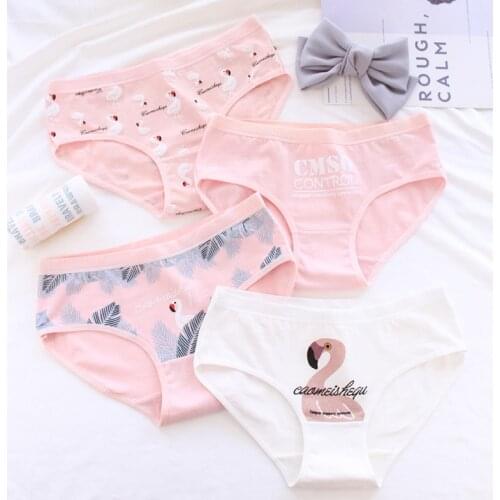 2020 Women Cotton Panties Flamingo Pattern Print Cute Underwear Girl Cartoon Lingerie Breathable Seamless High Waist Briefs