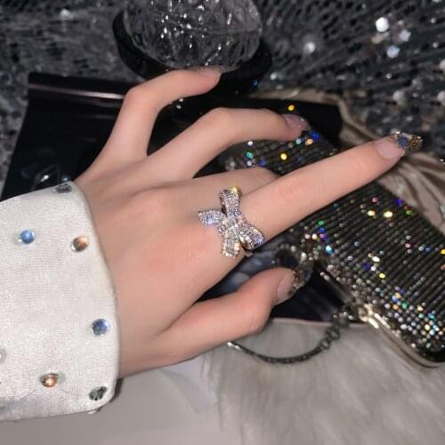 Korean creative design copper inlaid zircon luxury shiny exquisite bow ring opening adjustable female prom party ring