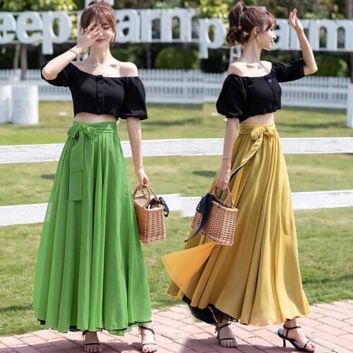 TingYiLi Big Swing Two Layers Boho Chiffon Long Maxi Skirts Womens Summer High Waist Belted A-line Skirt Korean Dance Ball Skirt