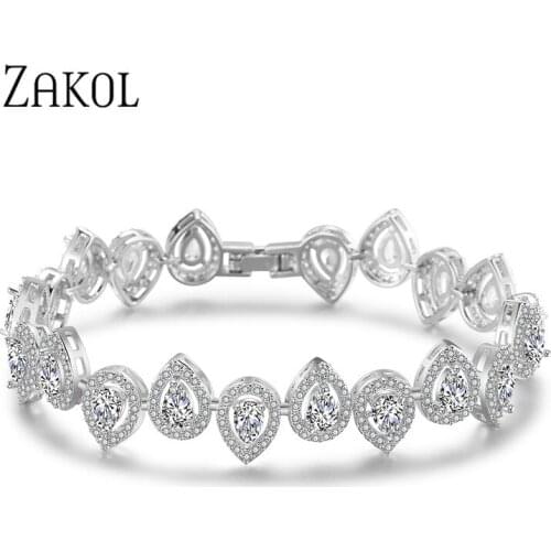 ZAKOL Luxury Water Drop Chain Link Bracelet for Women Ladies Shining AAA Cubic Zircon Crystal Jewelry Gift FSBP2033