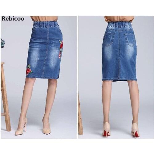 Plus Size Stretchable High Waist Floral Embroidered Denim Skirts Women Spring Split Short Jeans Skirt Saias Casual Fashion