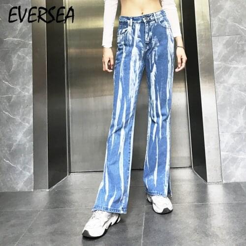 Eversea Winter Autumn Slit Denim Pants Lady Striped Korean Fashion Baggy Straight Lady Clothing Jeans Pants