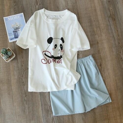 Summer Women Short-Sleeved Shorts Pajamas Round Neck Cartoon Panda Printing Sleepwear Casual Cotton 2 Piece Home Clothes