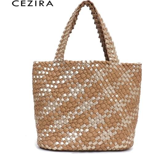 CEZIRA Women PU Leather Woven Totes Fashion Contrast Color Shoulder Bags Shopping Ladies Casual Handbags Female Top-Handle Purse