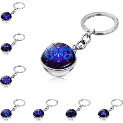 1Pcs Car Key Pendant, Twelve Constellations, Time Gemstone, Double-sided Glass Ball Keychain, Key Chain, Jewelry Decoration