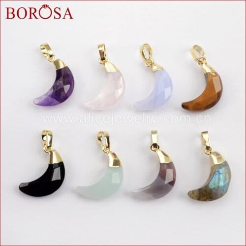 BOROSA Design 10Pcs Crescent shape Multi-kind Stone Facted Gold color Druzy Pendant For Womens Necklace Making Jewelry WX904