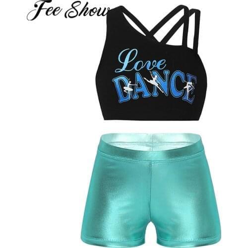 Kids Girls Sport Outfit Yoga Sets Gym Modern Dance Costumes Workout Clothes Shoulder Straps Cross Crop Top with Shiny Shorts Set