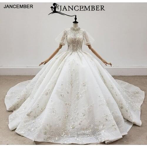 HTL2075 High Neck Ball-Gown Beaded Crystal Luxury Sequined Wedding Dress 2021 Lace Up Back Short Puff Sleeve