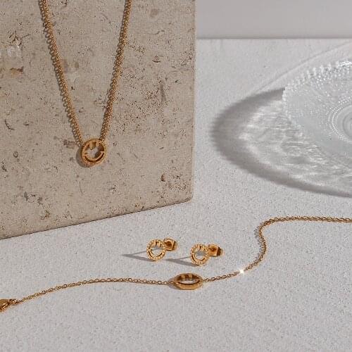 Minimalist Gold Hollow Smiley Face Stud Earring Bracelet Necklace Jewelry Set Titanium Steel Fine Gold Plated Smile